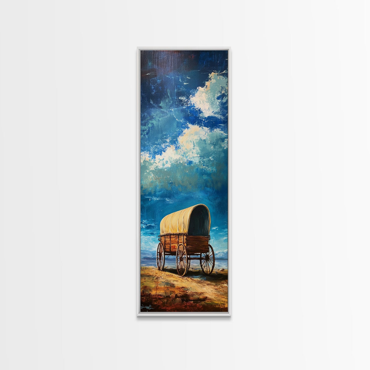 Vintage Covered Wagon Painting Framed Canvas Print, Rustic Wall Art, Farmhouse Art, Moody Art, Landscape Painting, Southwest Wall Art