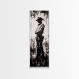 Black and White Cowboy Art Framed Canvas Print, Rustic Wall Art, Moody Art, Southwest Wall Art, Vintage Horse Art, Tall Narrow Art