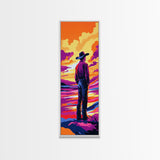 Colorful Sunset Cowboy Art Framed Canvas Print, Southwest Wall Art, Moody Art, Whimsical Art, Pink Orange Wall Art, Tall Narrow Art
