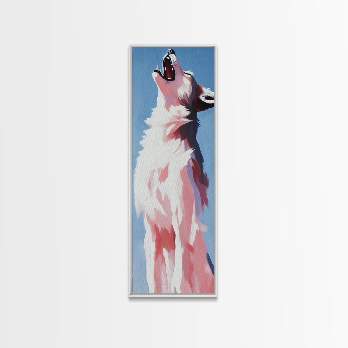 Majestic White Wolf Canvas Print moody art, minimalist art, vertical wall art, wabi sabi art, extra wide art, panoramic art, rustic wall art, wildlife painting, bedroom art, therapy art