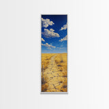 Golden Prairie Trail Framed Canvas Print rustic wall art, southwest wall art, landscape painting, farmhouse art, extra wide art, panoramic painting, above sofa art, wabi sabi art, Joshua tree art