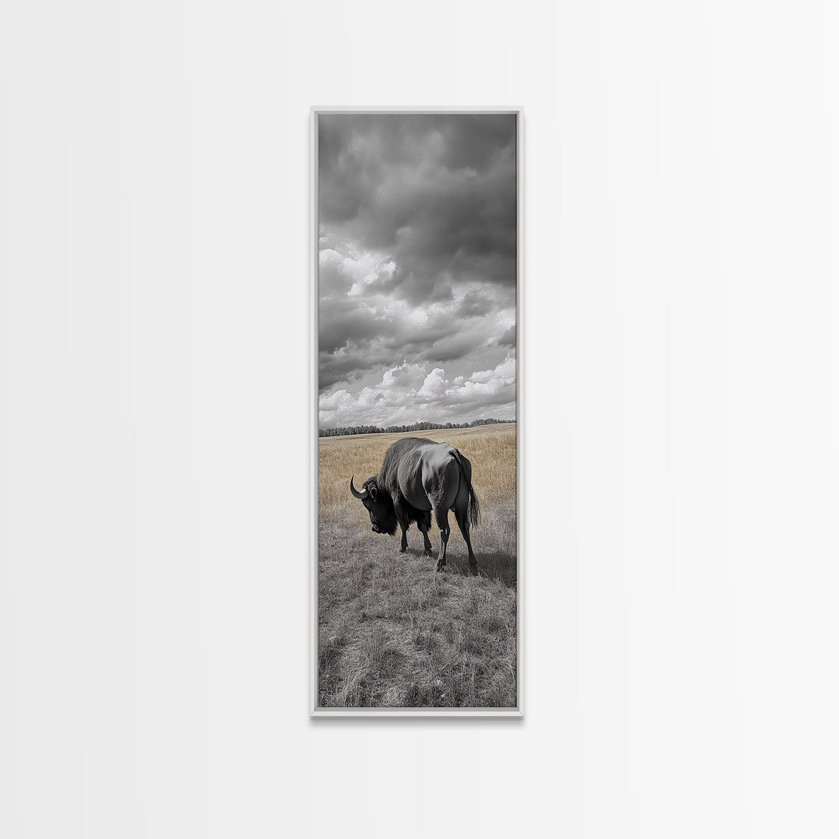 Lone Bison in Field Framed Canvas Print | Rustic Wall Art | Moody Art | Wildlife Painting | Farmhouse Decor | Southwest Wall Art | Gift Idea