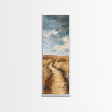 Serene Rural Path Framed Canvas Print landscape painting, farmhouse art, above couch art, rustic wall art, wabi sabi art, extra wide art, panoramic art, warm neutral wall art, barn landscape oil painting