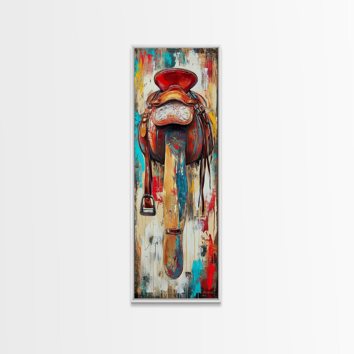 Rustic Saddle Painting Canvas Print Farmhouse Wall Art Moody Art Rustic Decor Southwest Wall Art Tall Narrow Art