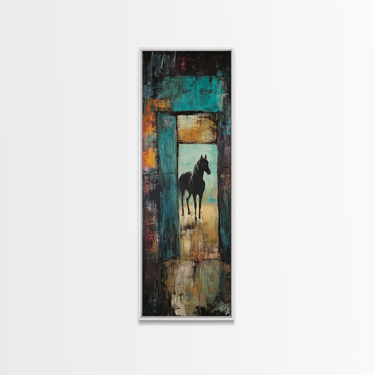 Mysterious Horse Silhouette Framed Canvas Print Moody Art Rustic Wall Art Southwest Wall Art Extra Tall Narrow Art