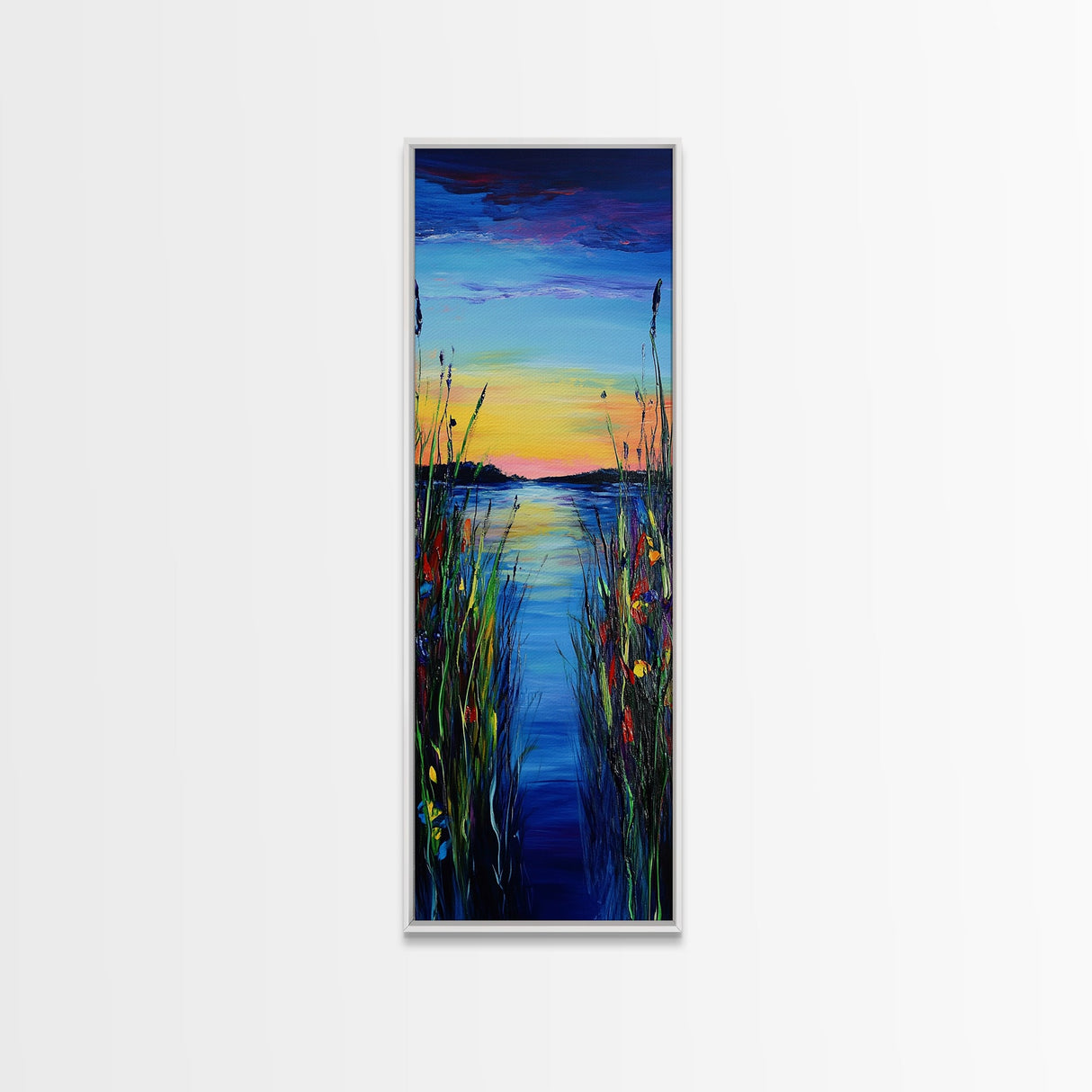 Vibrant Lake Reflection Framed Canvas Print lake Tahoe art landscape painting sunset over water coastal decor extra wide wall art