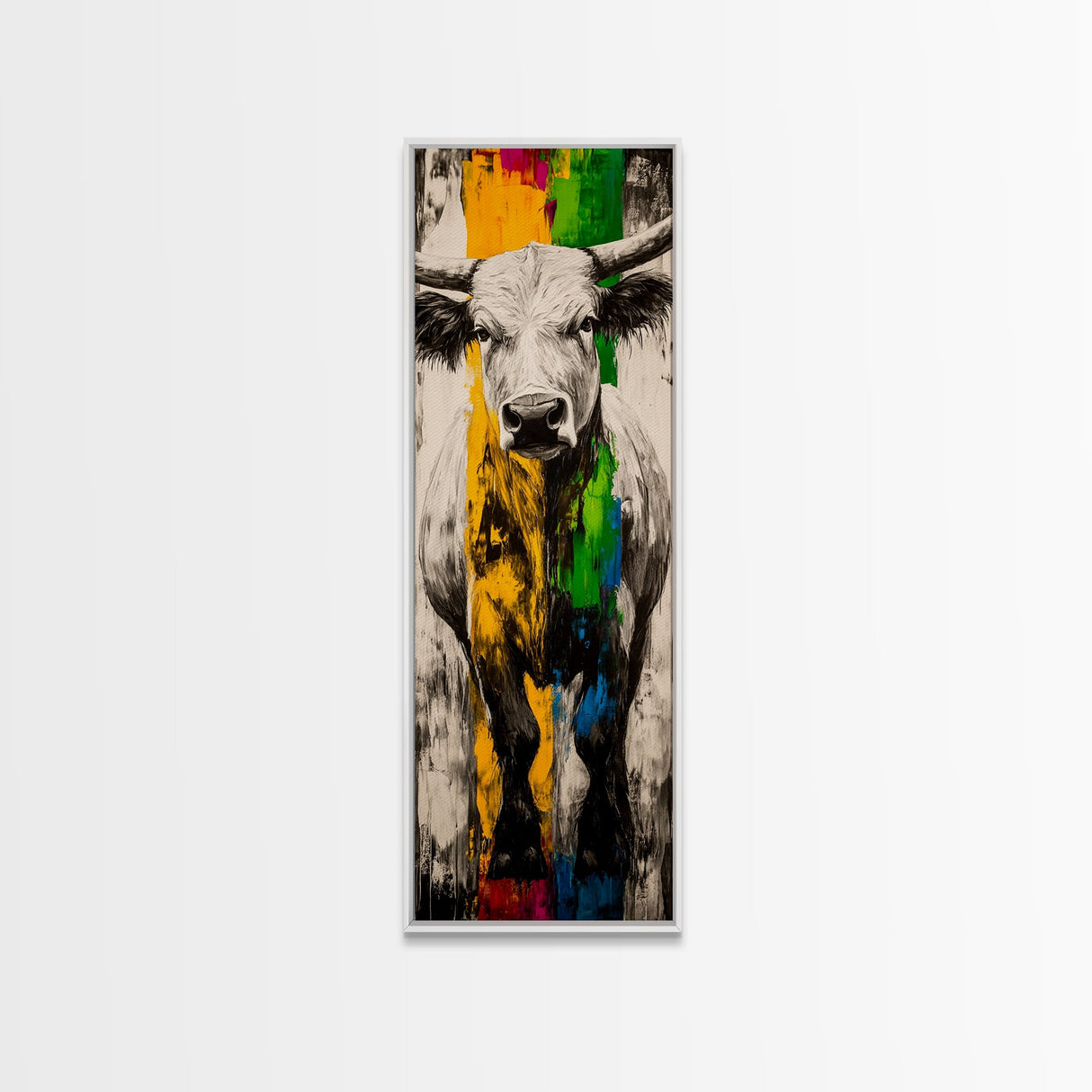 Colorful Bull Art Framed Canvas Print bull and bear art rustic decor farmhouse art southwest wall art geometric wall art extra wide art