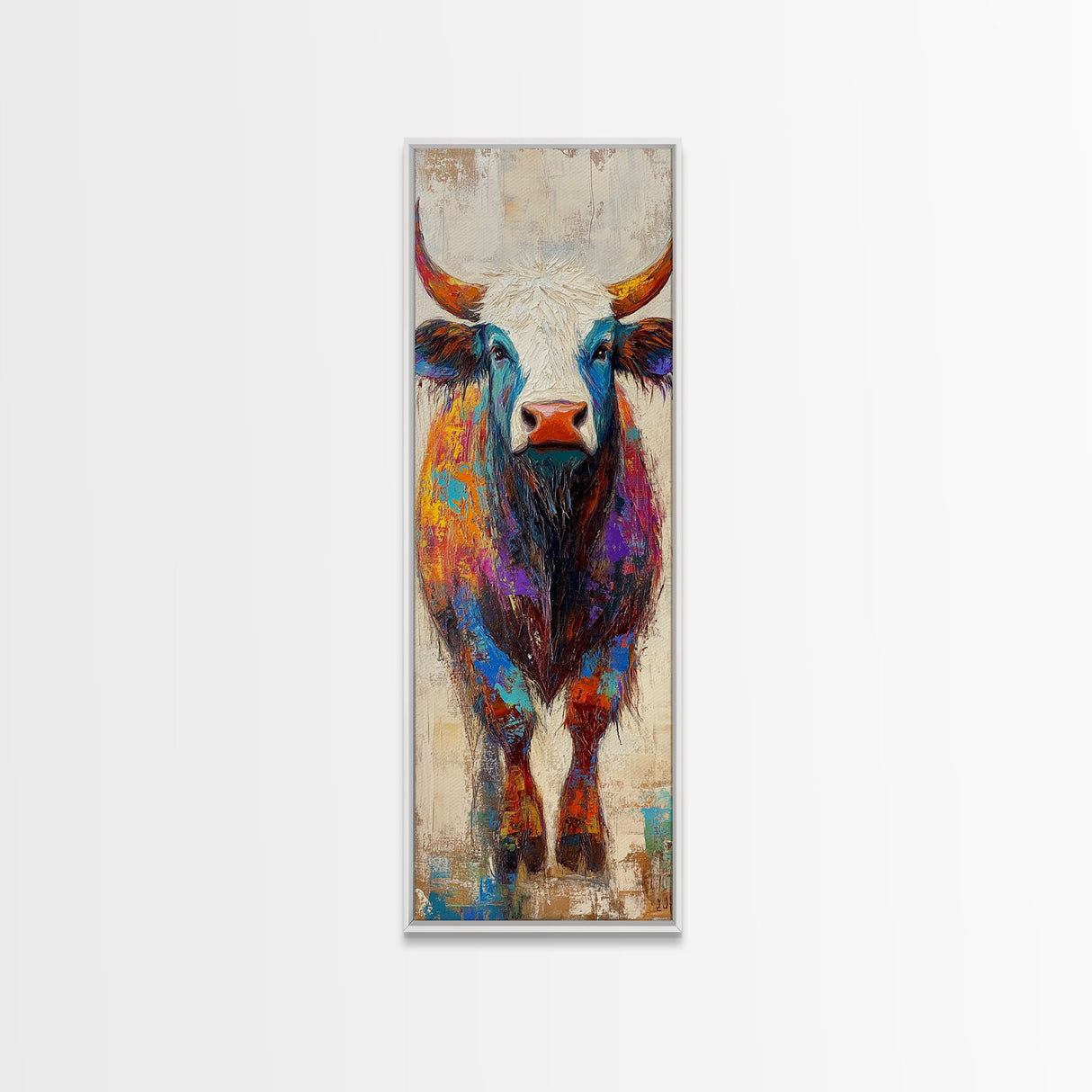 Colorful Bull Painting Canvas Print rustic wall art, barn landscape oil painting, farmhouse art, gift idea him, moody art decor