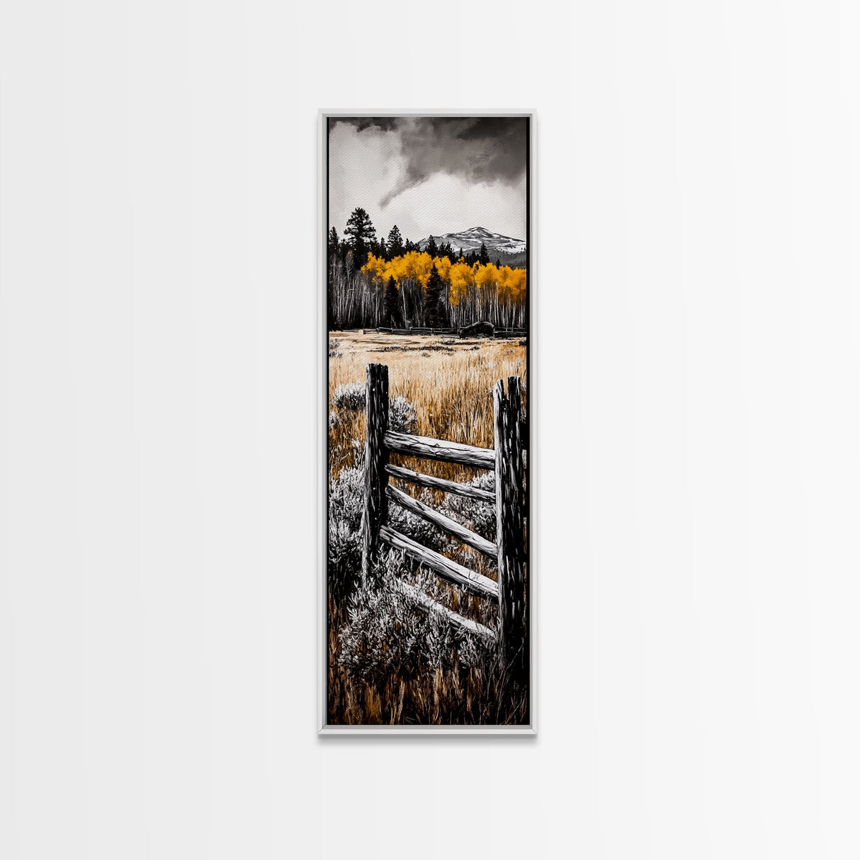 Rustic Mountain Fence Framed Canvas Print, Birch Tree Art, Fall Landscape Painting, Moody Art, Farmhouse Art, Above Sofa Art