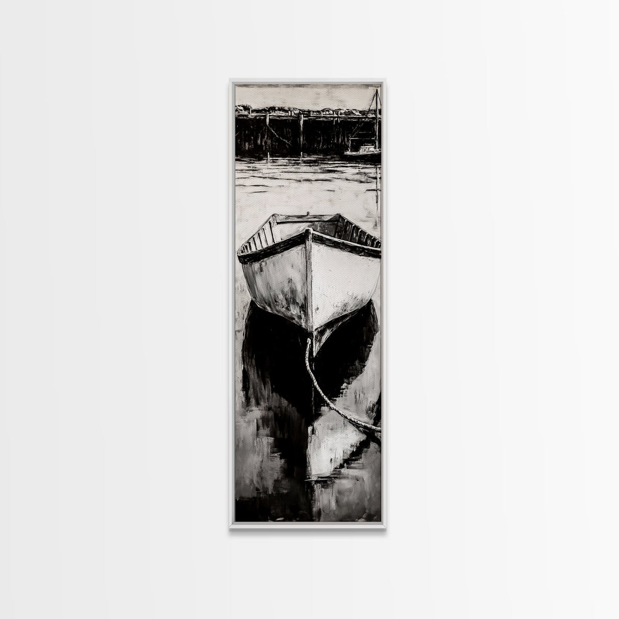 Monochrome Boat Reflection Framed Canvas Print nautical painting moody art coastal wall art nautical wall art gift idea for him