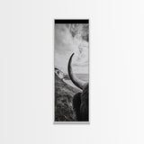 Highland Bull, Coastal Landscape, Framed Canvas Print, rustic decor, mountain painting, farmhouse art, moody art, wabi sabi wall art