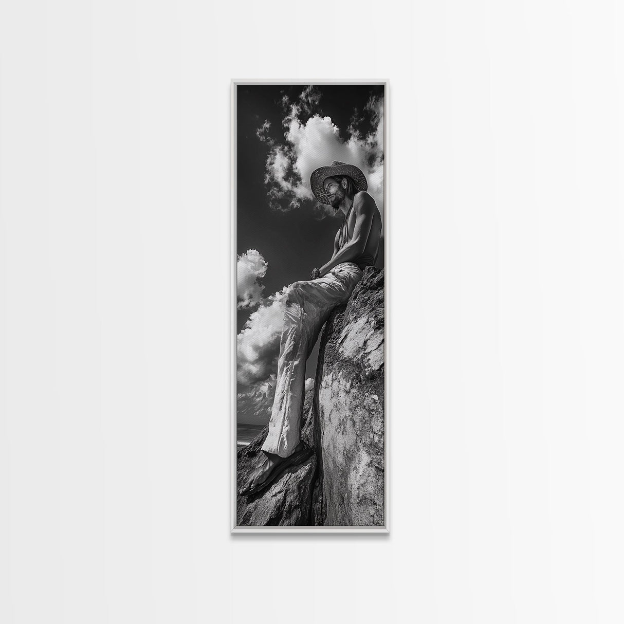 Bohemian Man, Clifftop Reflection, Framed Canvas Print, Coastal Cowgirl Wall Art, Rustic Décor, Boho Art, Minimalist Art