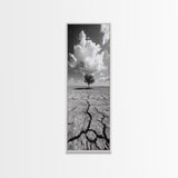 Lone Tree, Cracked Earth, Framed Canvas Print, wabi sabi art, moody art, landscape painting, above bed wall art,minimalist art, extra wide art