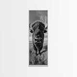 Majestic Bison Close-Up, Framed Canvas Print, rustic wall art, cowboy home décor, wildlife photography, farmhouse art, black and white photography