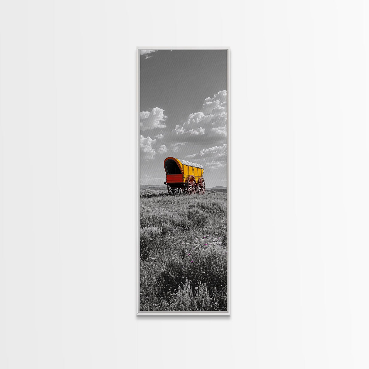 Nostalgic Wagon Trail Framed Canvas Print | Western Decor | Rustic Wall Art | Moody Landscape Art | Farmhouse Painting | Gift Idea | Panoramic Art