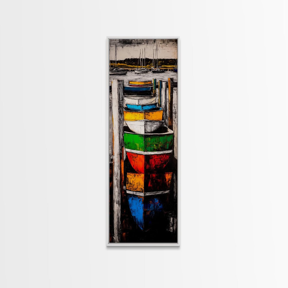 Vibrant Boat Dock Nautical Painting Framed Canvas Print | Seascape Painting | Coastal Decor | Nautical Wall Art | Ocean Art