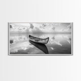 Tranquil Canoe Reflection, lake Tahoe art, nautical decor, seascape painting, coastal landscape art, panoramic painting, framed canvas print