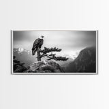 Majestic Bald Eagle, pine tree art, bird art, nature photography, mountain painting, wildlife art, extra wide art, framed canvas print