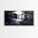 Powerful Waterfall Mist, nature wall art, moody art, mountain painting, black and white photography, dramatic landscape, framed canvas print