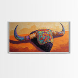 Vibrant Bull Skull, southwest wall art, rustic decor, boho art, moody art, unique gift idea, bright bold painting, framed canvas print