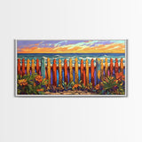 Vibrant Coastal Fence, beach decor, coastal landscape art, coastal wall art, nautical painting, extra wide art, framed canvas print