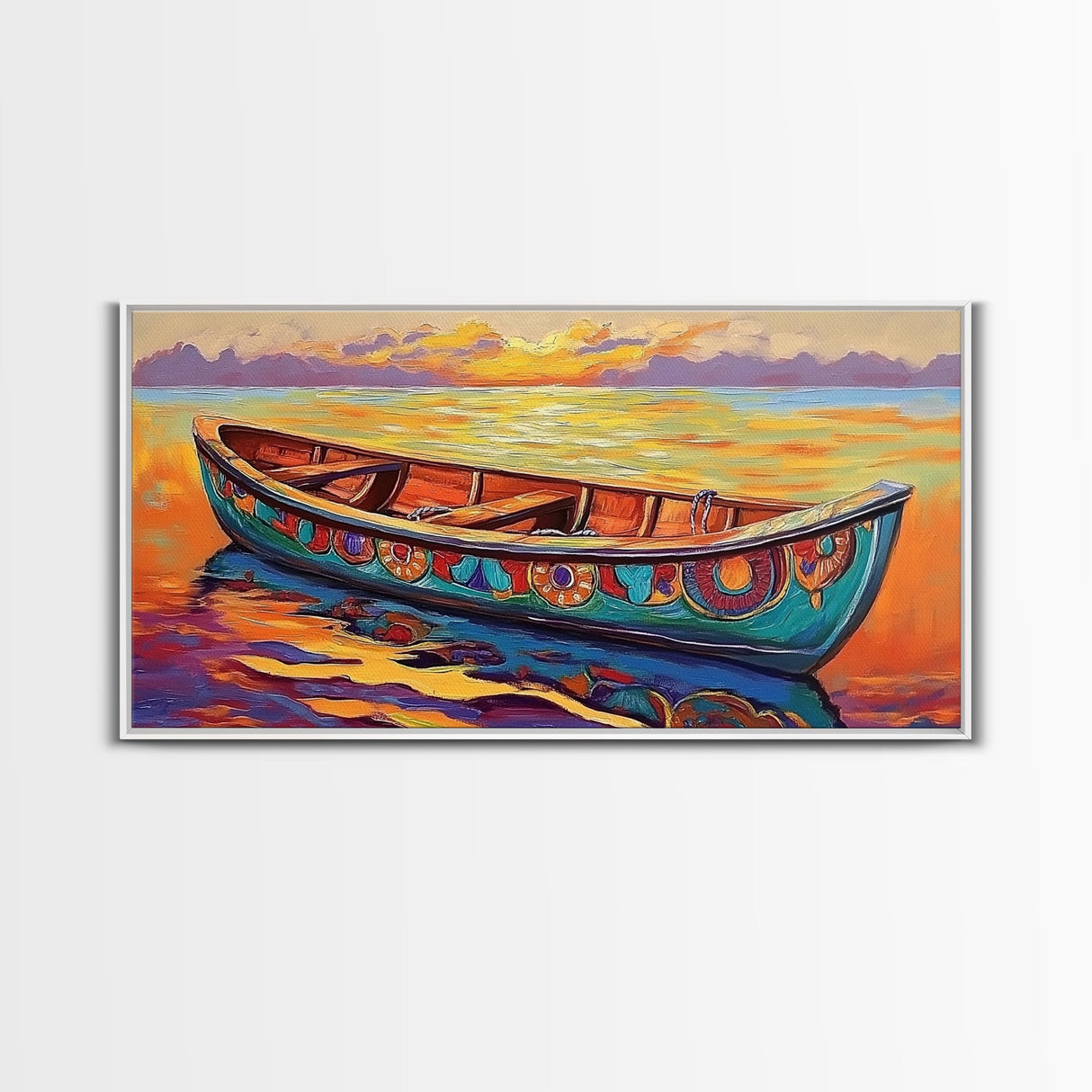 Sunset Canoe, seascape painting, coastal painting, nautical wall art, above sofa art, ocean decor, bright colors, Canvas Print