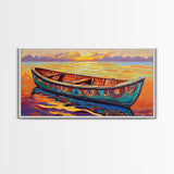 Sunset Canoe, seascape painting, coastal painting, nautical wall art, above sofa art, ocean decor, bright colors, Canvas Print