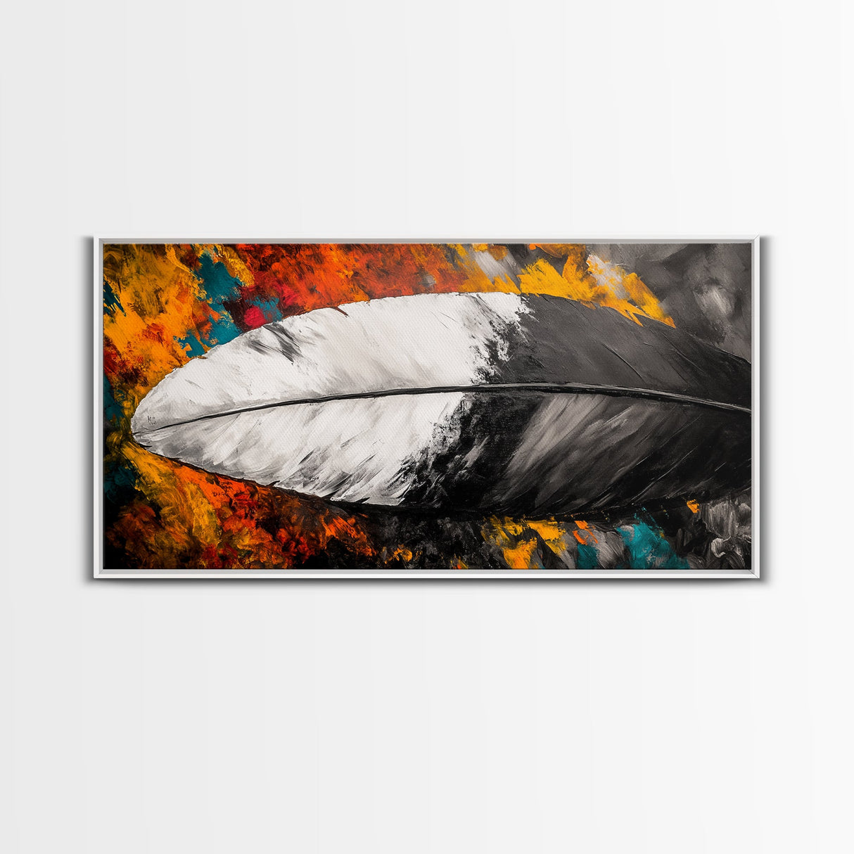 Feather Painting, whimsical art, black and white painting, abstract painting, moody art, colorful background, modern decor, Framed Canvas Print