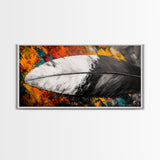 Feather Painting, whimsical art, black and white painting, abstract painting, moody art, colorful background, modern decor, Framed Canvas Print