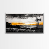 Windmill Sunset, windmill wall art, rustic decor, farmhouse art, landscape painting, extra wide art, framed canvas print, panoramic art