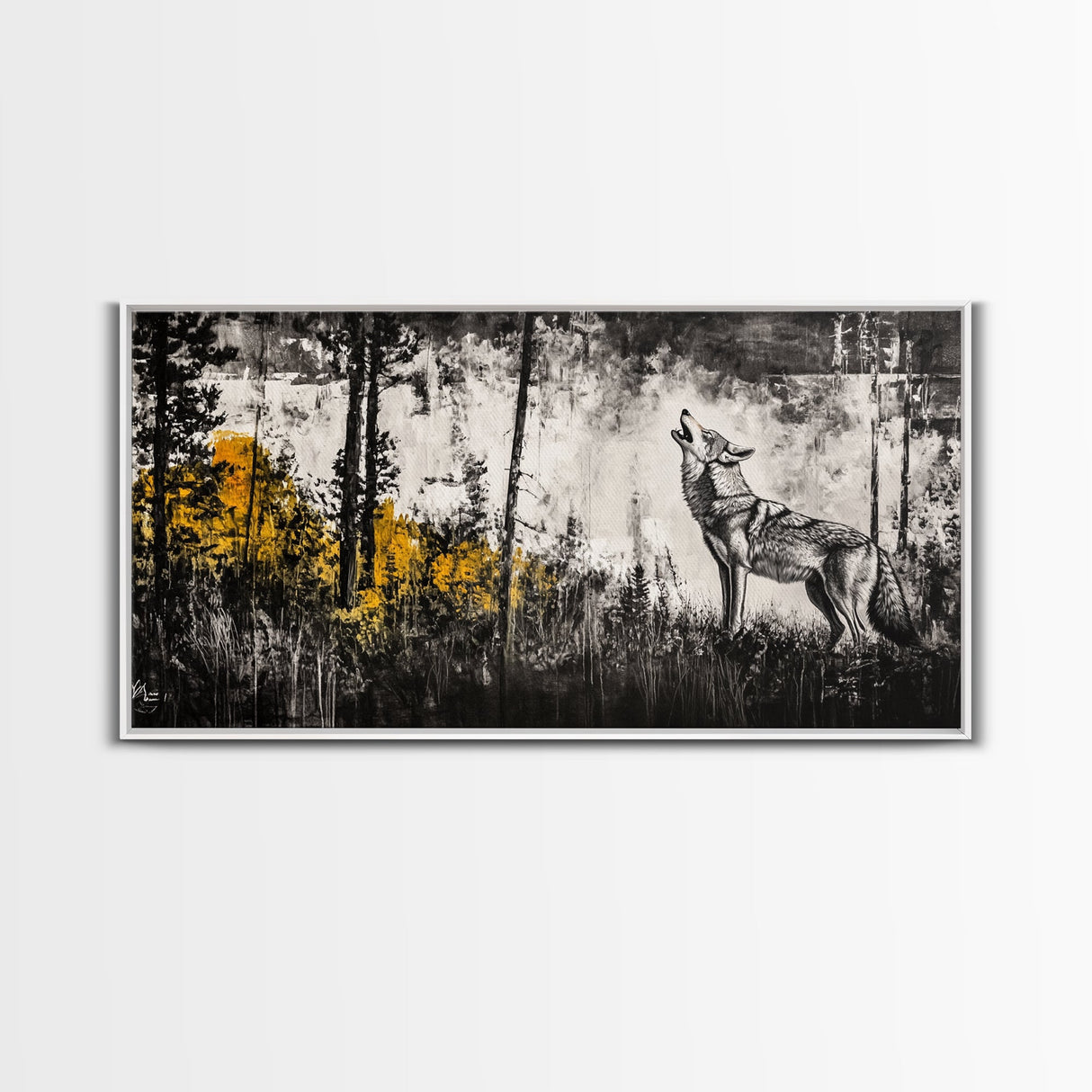 Howling Wolf, moody art, pine tree art, rustic wall art, forest at dusk painting, extra wide art, framed canvas print, southwestern art