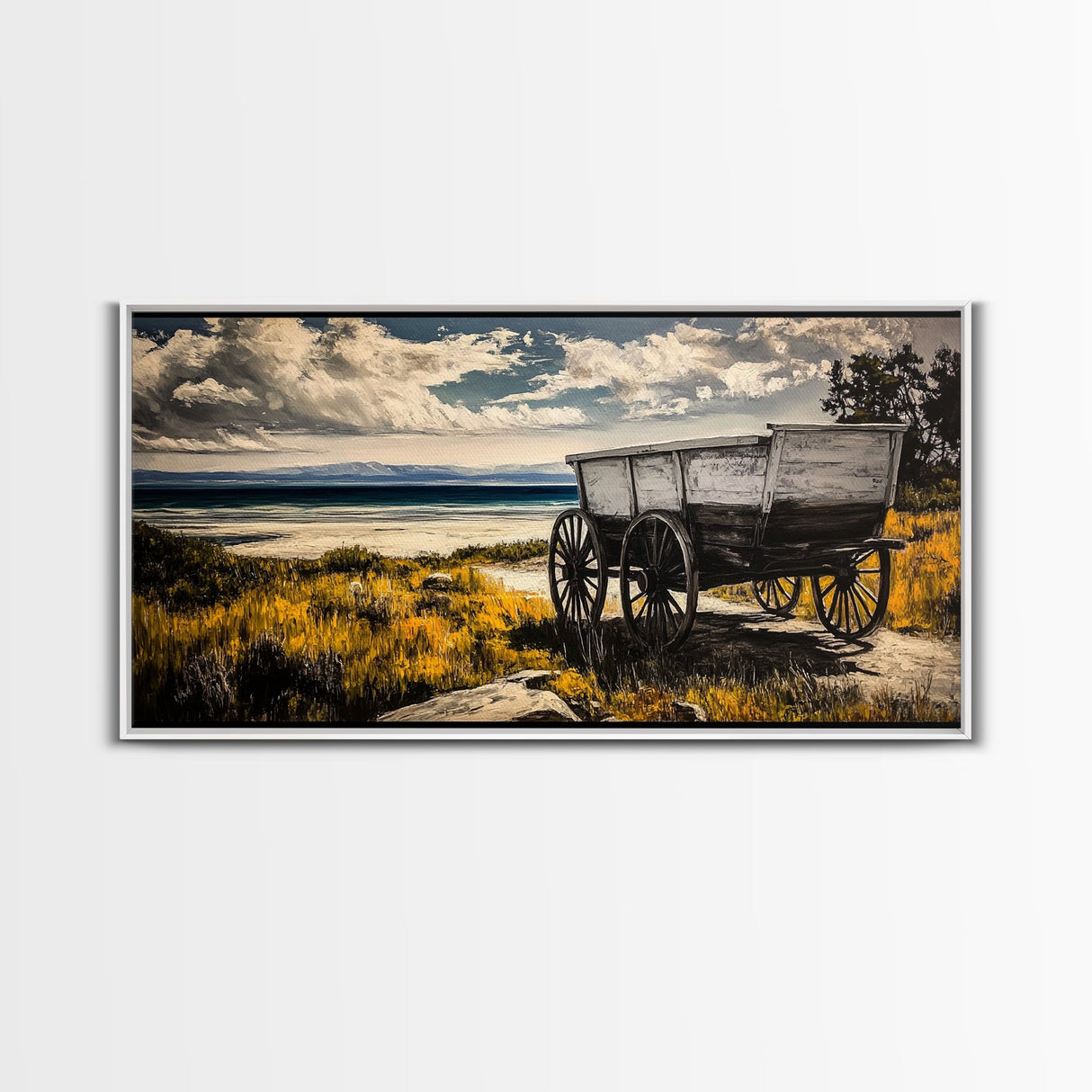 Seaside Wagon, coastal decor, nautical wall art, Maine oil painting, rustic wall art, landscape painting, extra wide art, framed canvas print