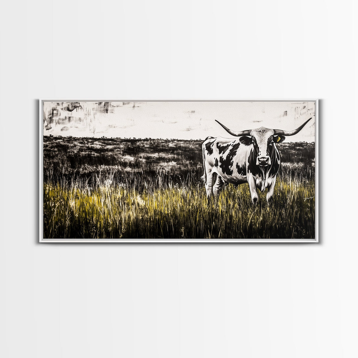 Longhorn Cattle, rustic wall art, farmhouse art, black cowgirl painting, extra wide art, framed canvas print, panoramic painting