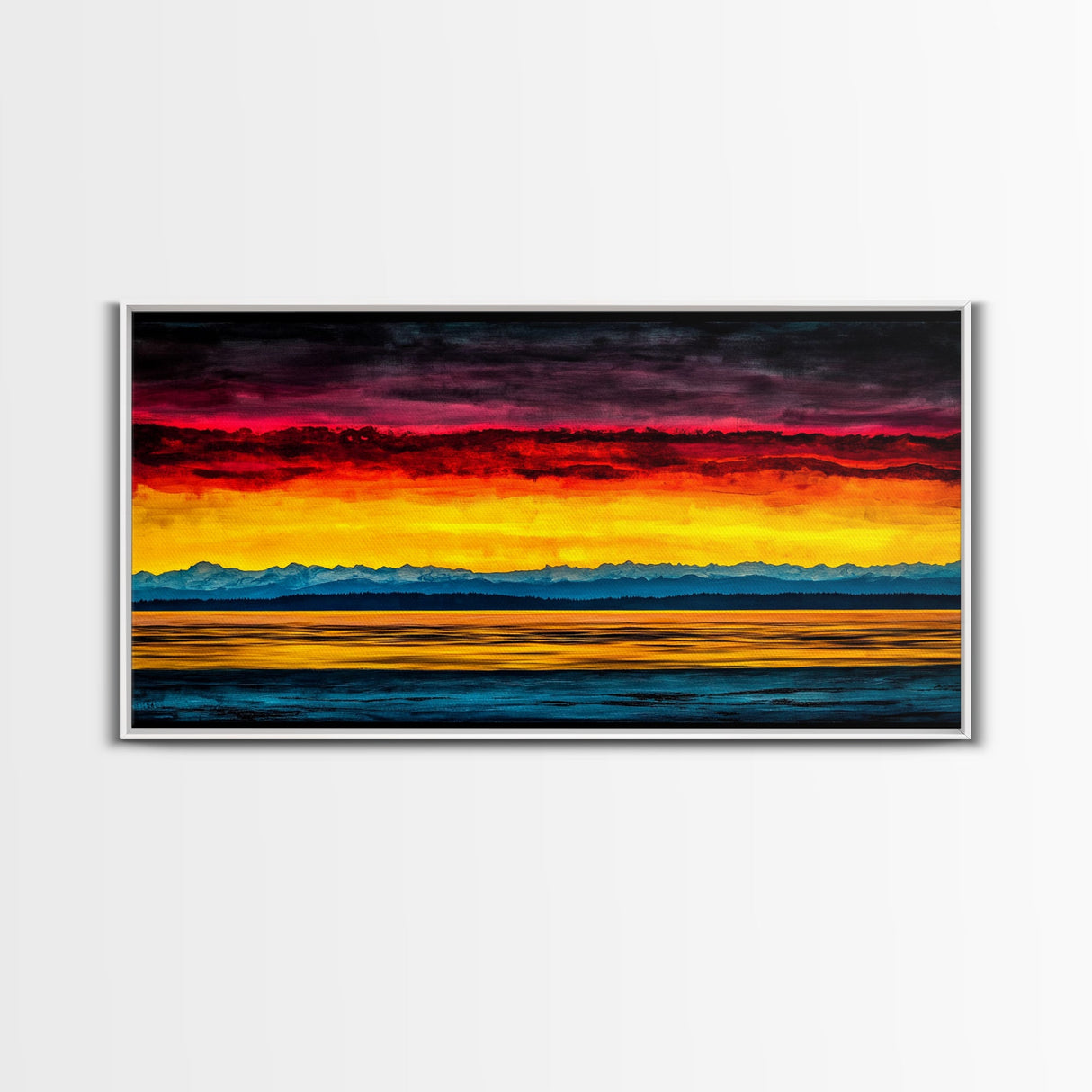 Sunset Over Water, Colorful Horizon Painting, Coastal Wall Art, Extra Wide Art, Framed Canvas Print, Above Sofa Art, Ocean Lover Gift