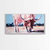 Texas Longhorn, rustic decor, bull and bear art, southwest wall art, pink orange wall art, extra wide art, framed canvas print