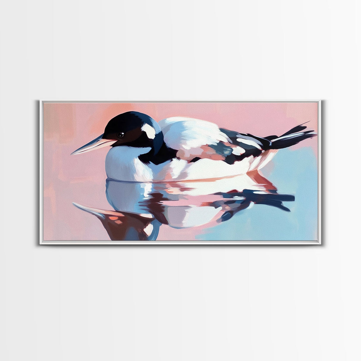 Waterfowl Reflection, bird art, lake Tahoe art, coastal painting, wildlife decor, pink orange wall art, framed canvas print