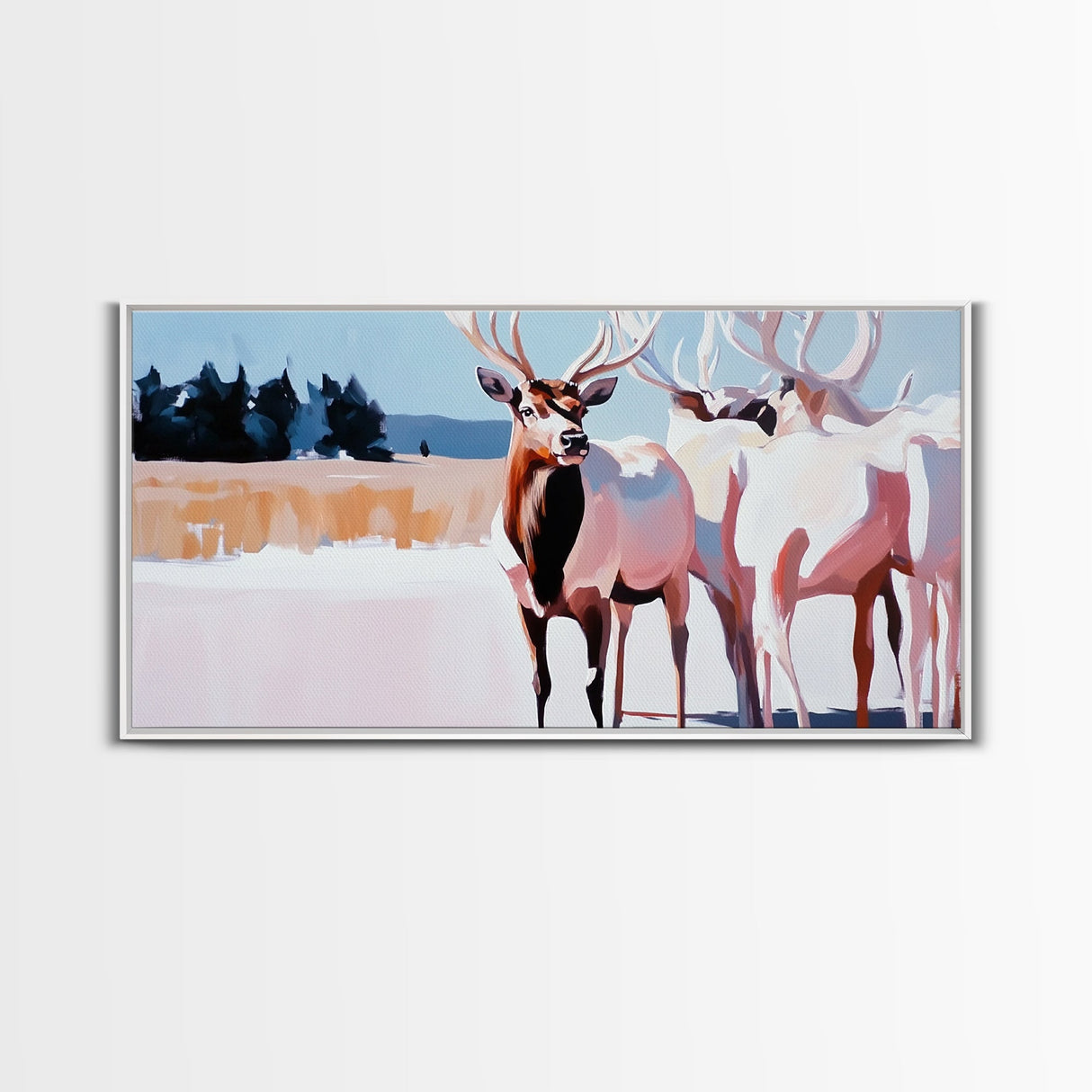 Elk in Snow, deer drinking water in forest painting, wildlife art, moody painting, rustic decor, landscape painting, canvas print