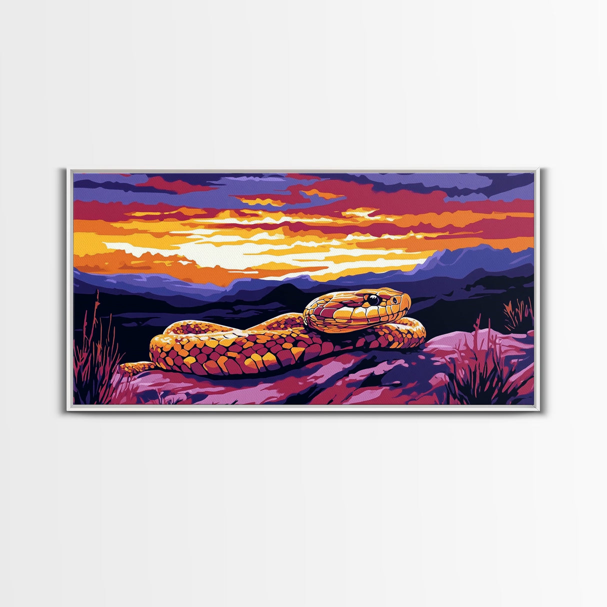 Rattlesnake Sunset, wildlife painting, southwest wall art, mountain painting, rustic decor, panoramic art, Framed Canvas Print, farmhouse art