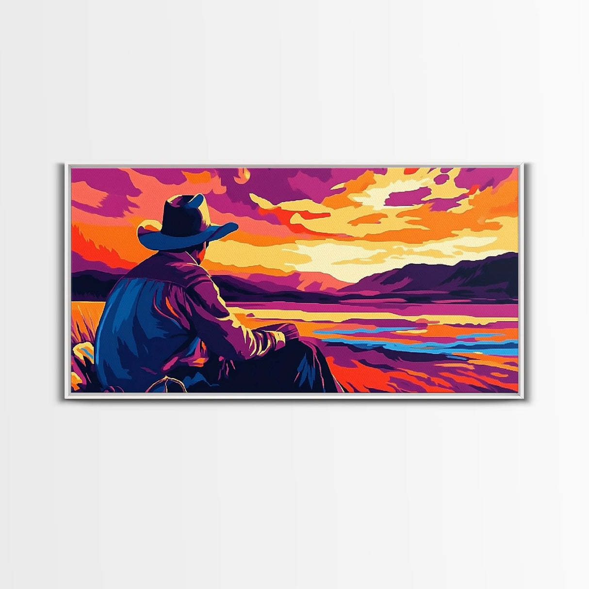 Cowboy Sunset, western art, landscape painting, rustic decor, panoramic art, farmhouse art, Framed Canvas Print, gift idea, extra wide art