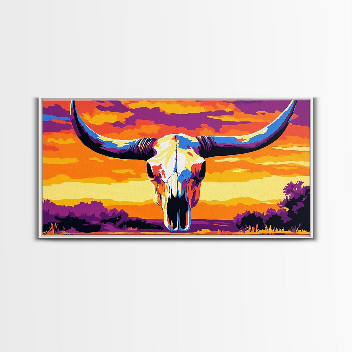 Skull, bull, desert art, cowboy decor, boho wall art, moody sunset, extra wide art, rustic decor, framed canvas print