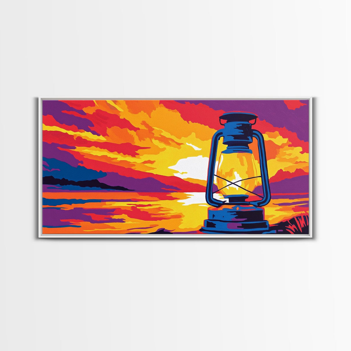 Lantern, rustic, western glow, vintage camping, cowboy night, scenic sunset, farmhouse wall art, extra wide art, canvas print