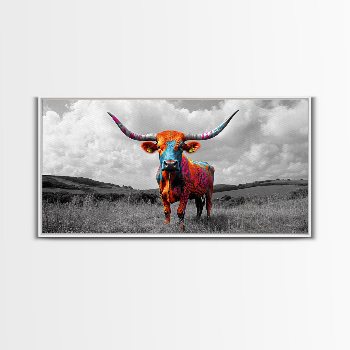 Psychedelic Longhorn Art Framed Canvas Print Vibrant Whimsical Art Southwest Wall Art Gift Idea Above Bed Art Rustic Decor