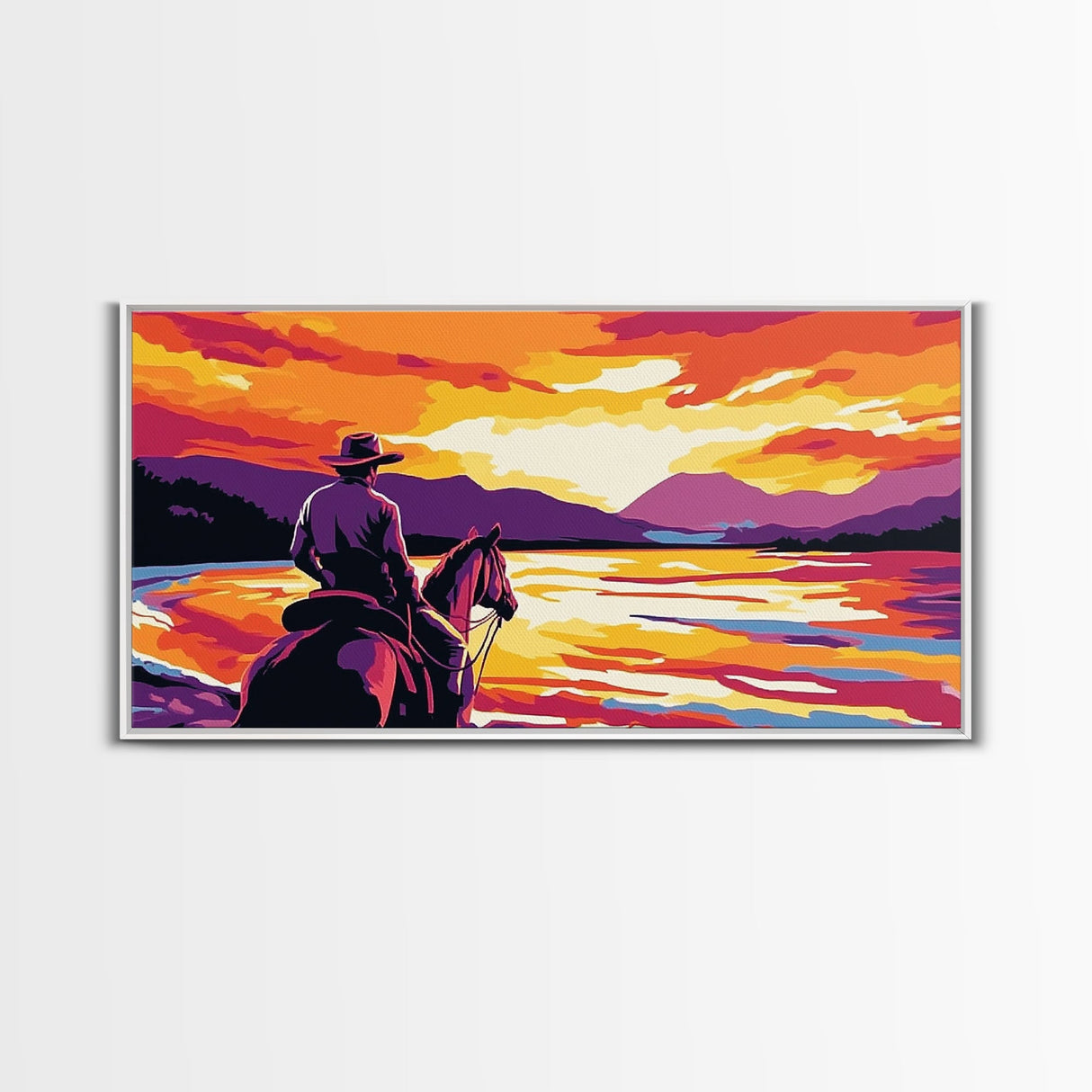 Cowboy on horseback, western silhouette, river sunset, rustic art, moody landscape, extra wide painting, vintage western, framed canvas print