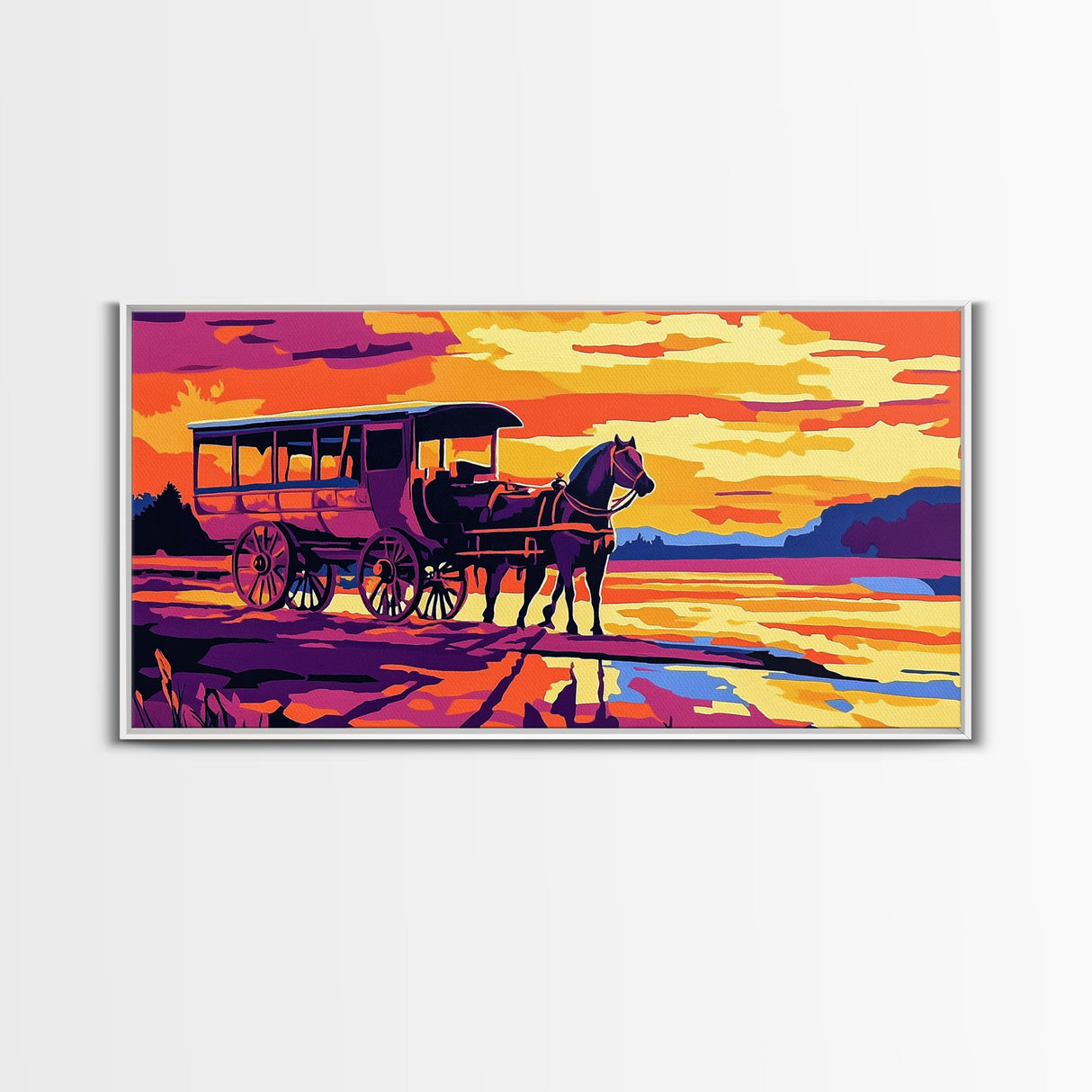 Horse carriage, old west, sunset scene, rustic western art, nostalgic painting, moody colors, extra wide wall art, canvas print