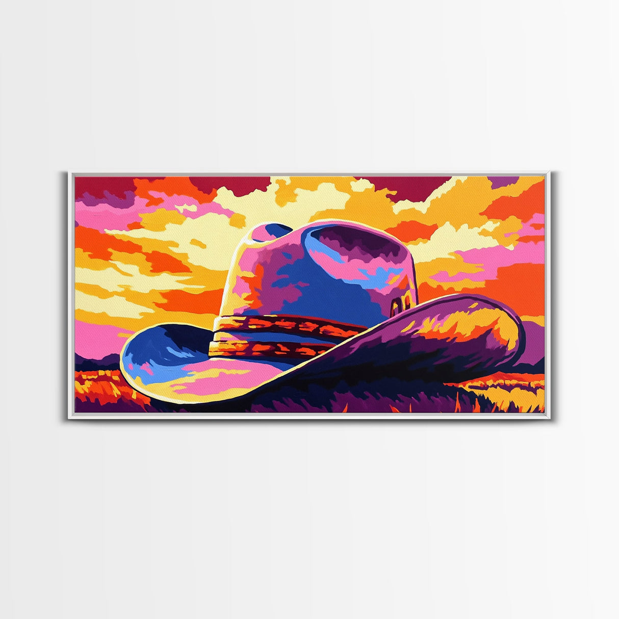 Cowboy hat, western decor, rustic style, bold colors, country aesthetic, southwest wall art, moody sunset, framed canvas print