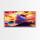 Cowboy hat, western decor, rustic style, bold colors, country aesthetic, southwest wall art, moody sunset, framed canvas print