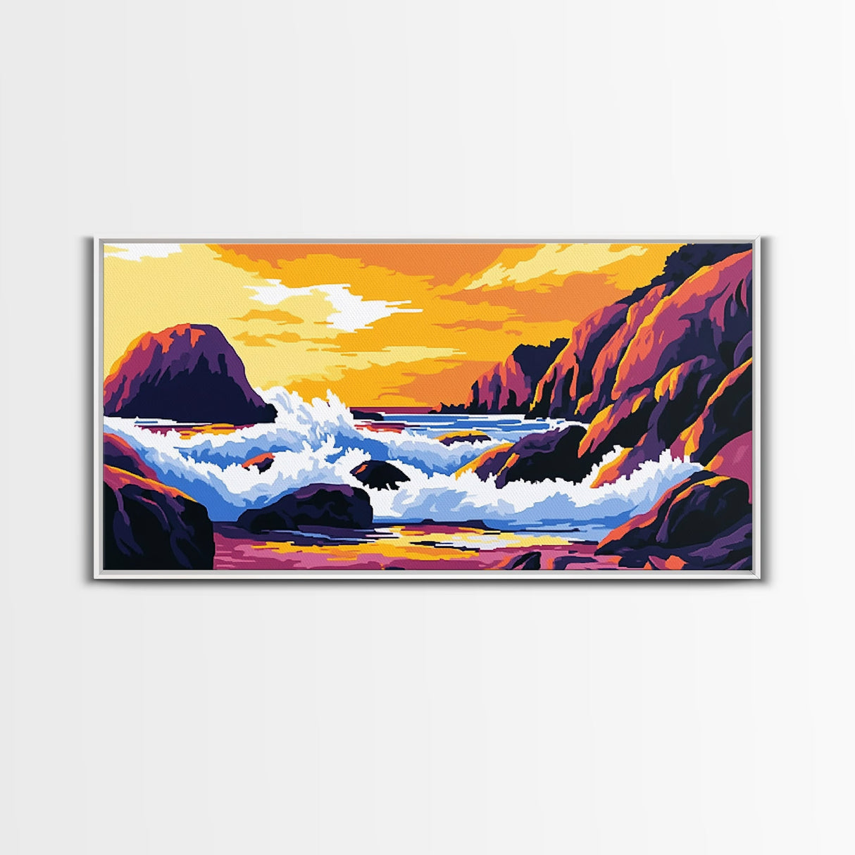 Ocean waves, coastal decor, rocky seascape, beach sunset, nautical wall art, panoramic art, coastal painting, framed canvas print