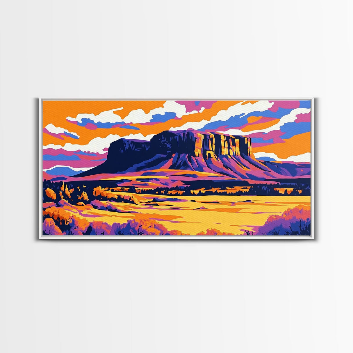 Mesa, desert sunset, southwest decor, extra wide wall art, western landscape painting, panoramic painting, framed canvas print
