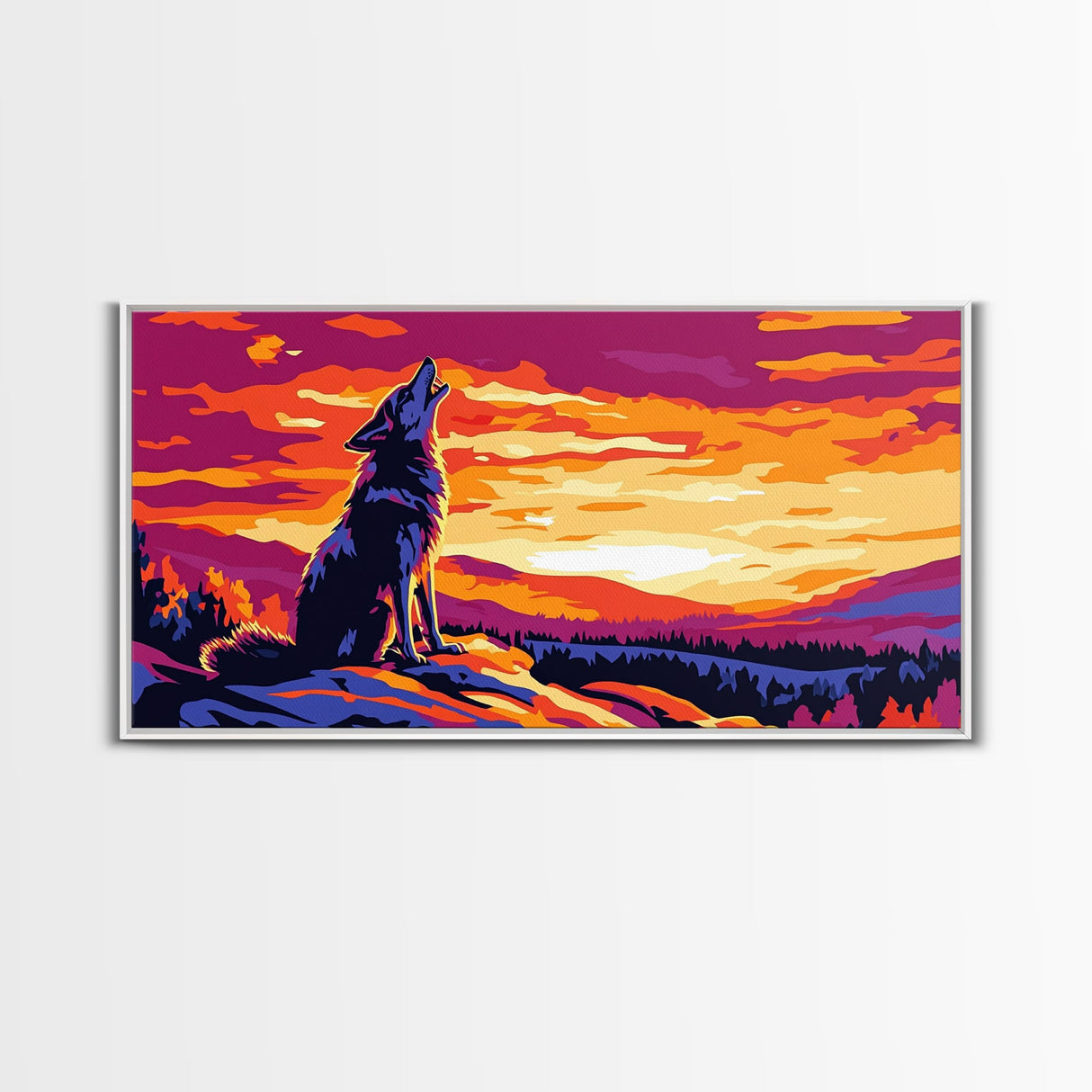 Howling Wolf, mountain painting, pine tree art, rustic decor, panoramic painting, southwest wall art, landscape painting, Canvas Print, gift