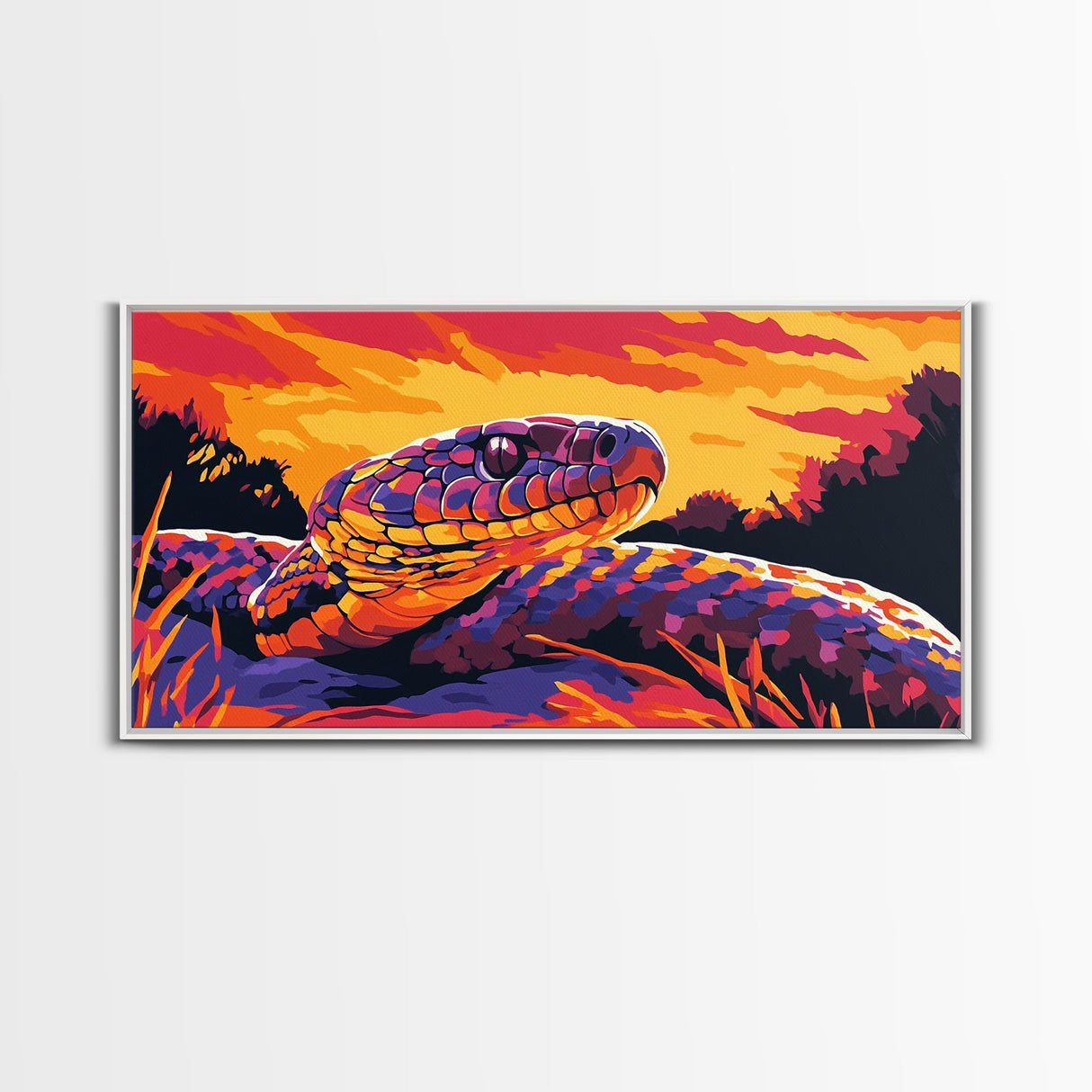 Snake Sunset, wildlife art, moody art, rustic decor, geometric wall art, southwest wall art, panoramic art, Framed Canvas Print, gift idea